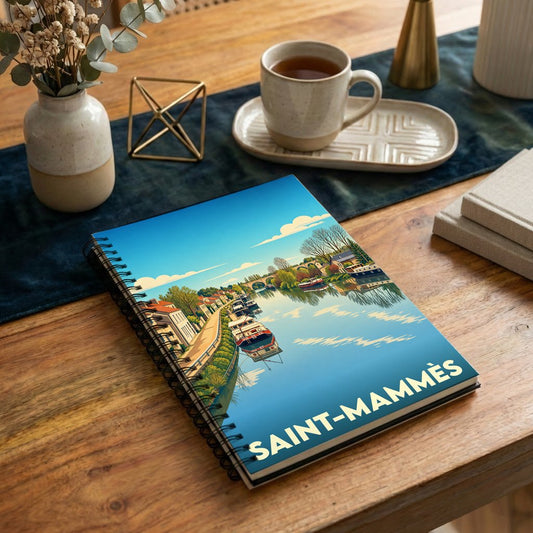 Carnet souvenir de la ville de Saint-Mammès avec une illustration stylisée de ses bords de Seine et de ses péniches.
