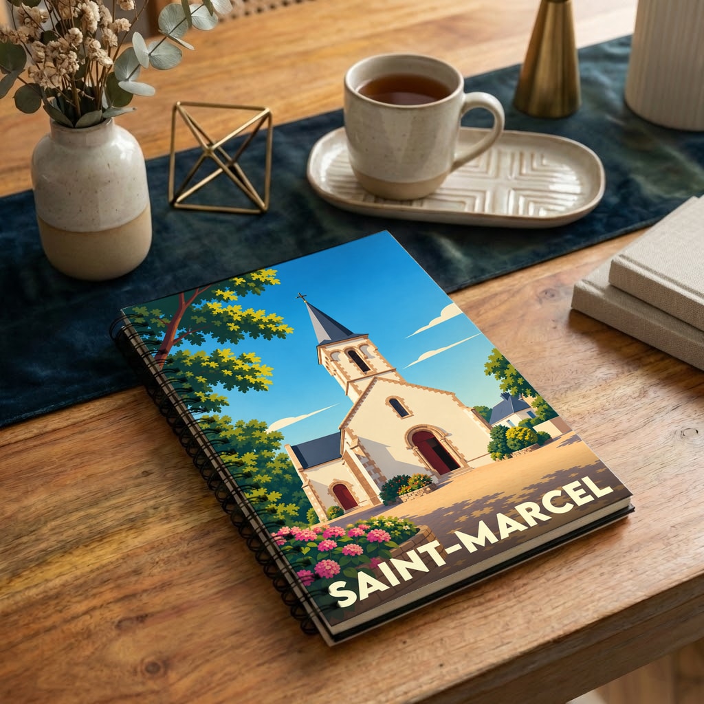Carnet à spirales souvenir de la ville de Saint-Marcel illustré d'un dessin stylisé de son église.