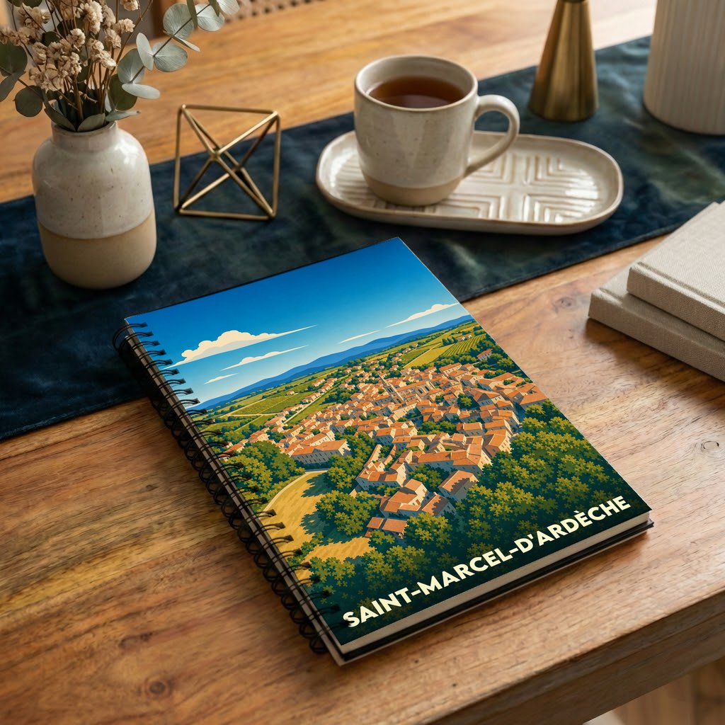 Carnet souvenir de la ville de Saint-Marcel-d'Ardèche avec une illustration stylisée.