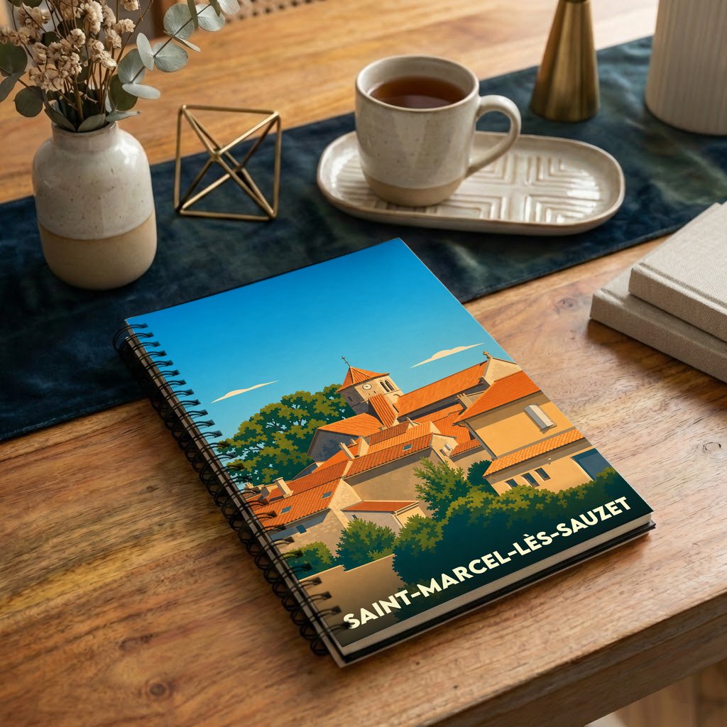 Carnet souvenir de la ville de Saint-Marcel-lès-Sauzet avec une illustration stylisée.