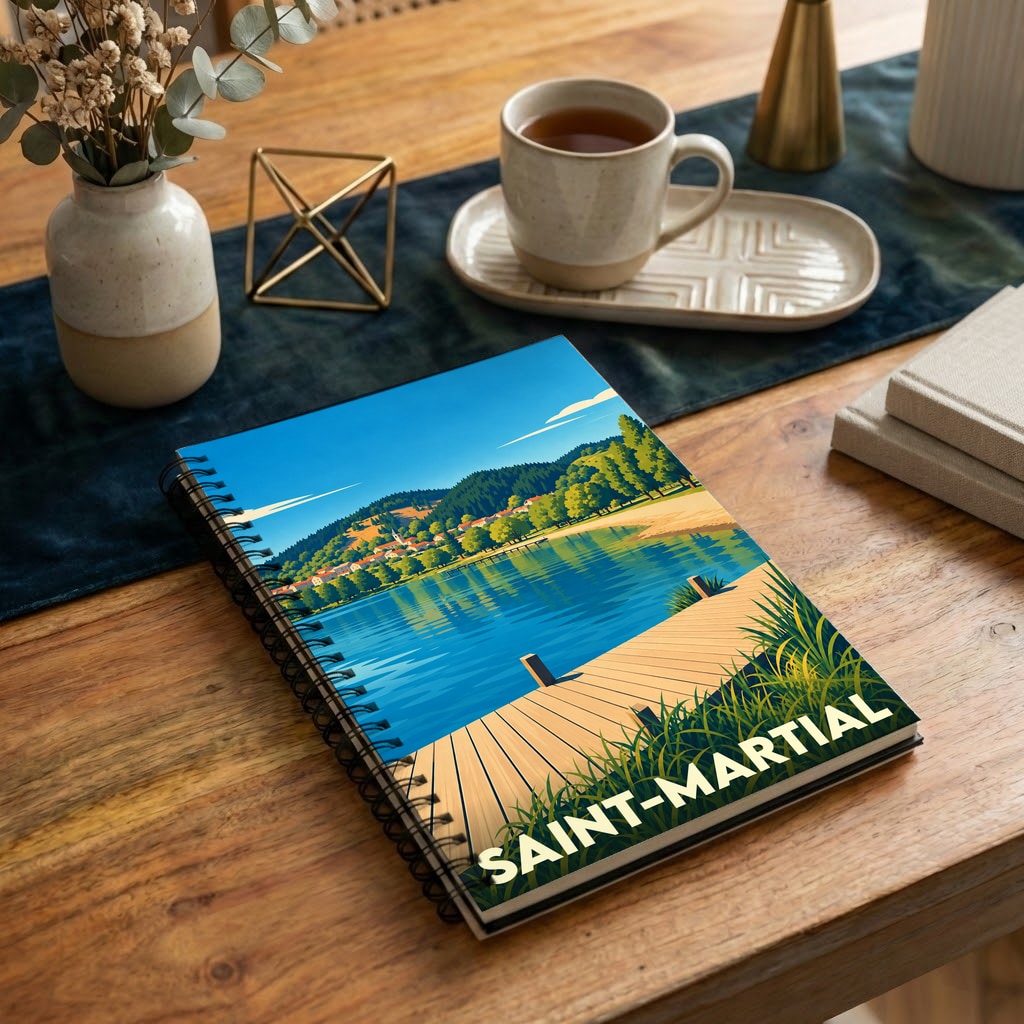 Carnet souvenir de la ville de Saint-Martial avec une illustration stylisée d'un lac de montagne et d'un ponton en bois.