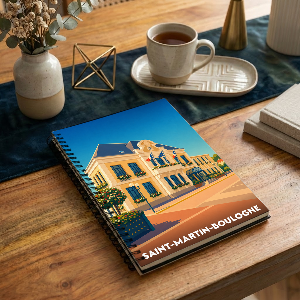 Carnet de notes souvenir de la ville de Saint-Martin-Boulogne avec une illustration stylisée de son hôtel de ville.