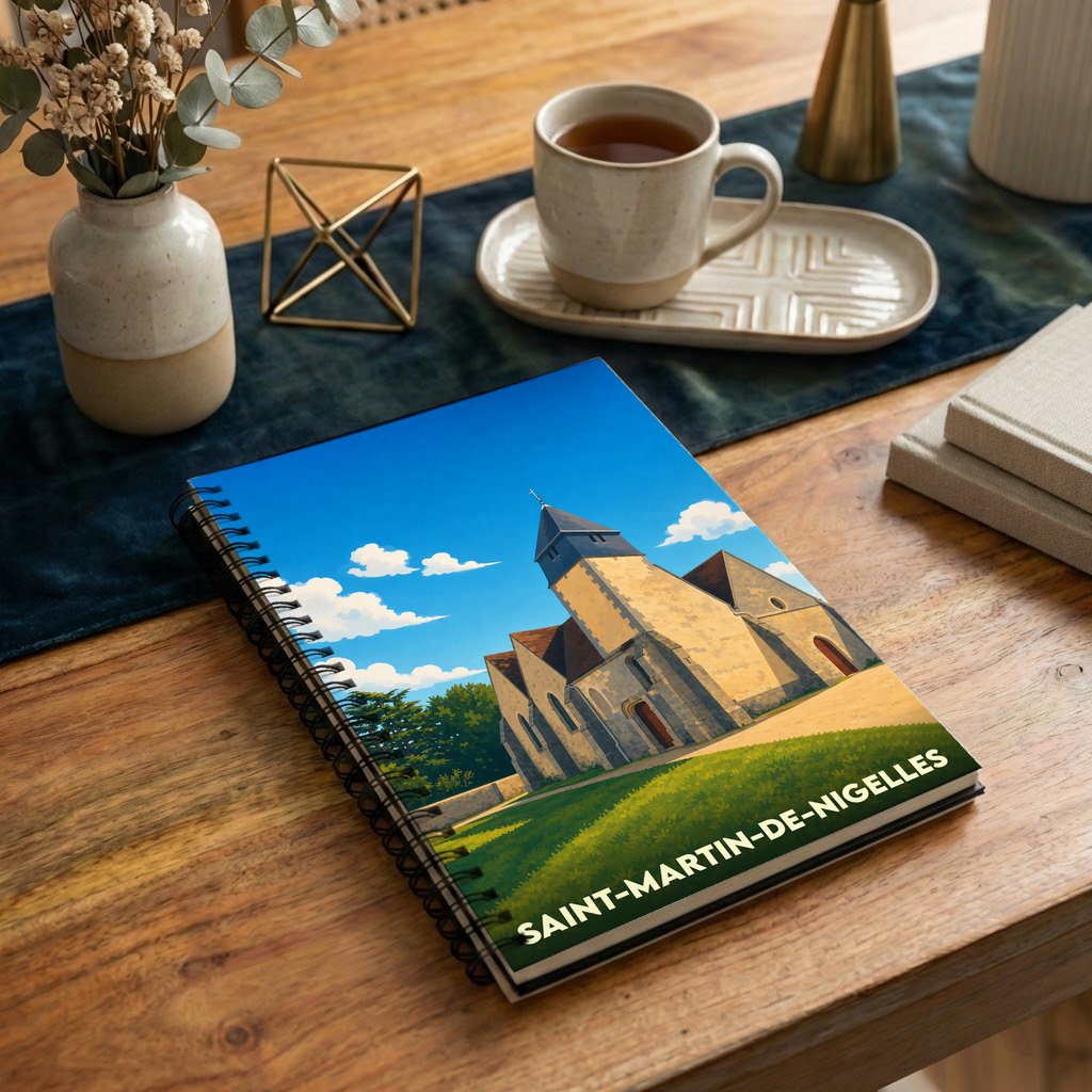 Carnet de notes à spirales souvenir de Saint-Martin-de-Nigelles avec une illustration stylisée de son église.