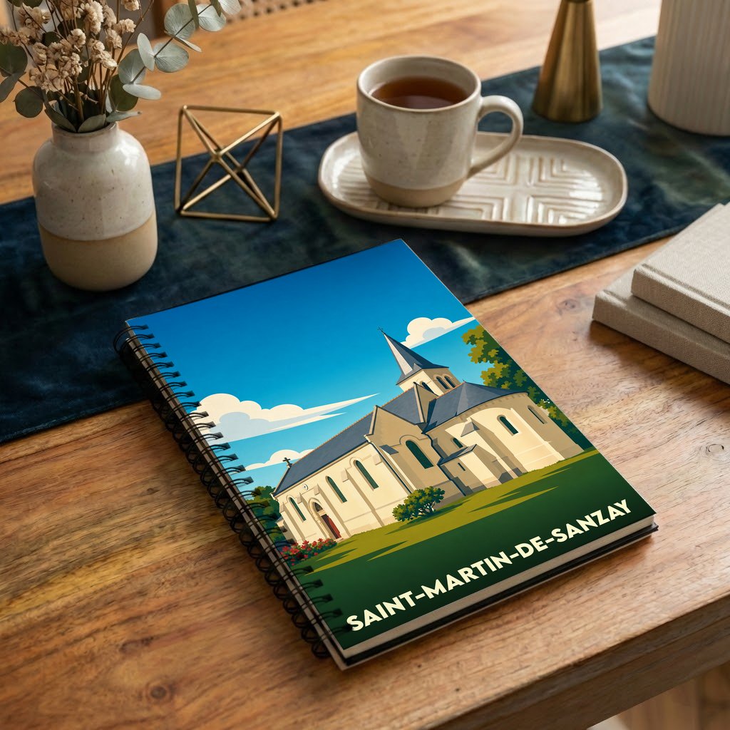 Carnet à spirales souvenir de la ville de Saint-Martin-de-Sanzay avec une illustration stylisée de son église.