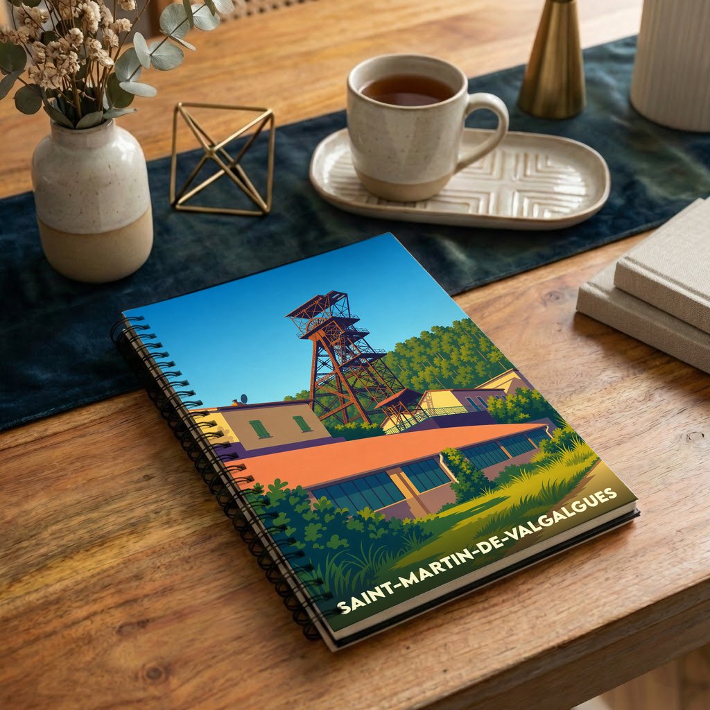 Carnet à spirales souvenir de la ville de Saint-Martin-de-Valgalgues avec une illustration stylisée de son patrimoine minier.