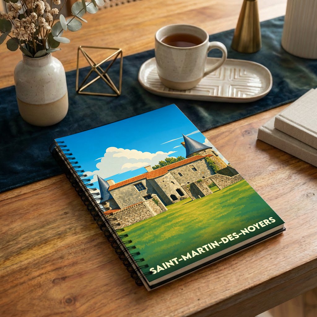 Carnet à spirale souvenir de Saint-Martin-des-Noyers avec une illustration stylisée d'un château médiéval.