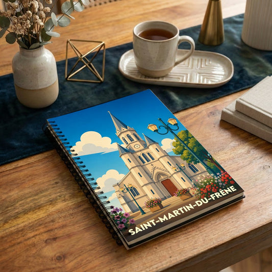 Carnet à spirales souvenir de la ville de Saint-Martin-du-Frêne avec une illustration stylisée de son église.