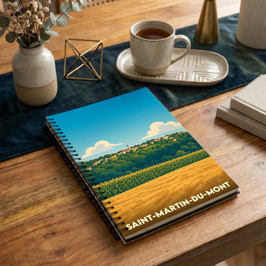 Carnet souvenir de la ville de Saint-Martin-du-Mont avec une illustration stylisée de son paysage.