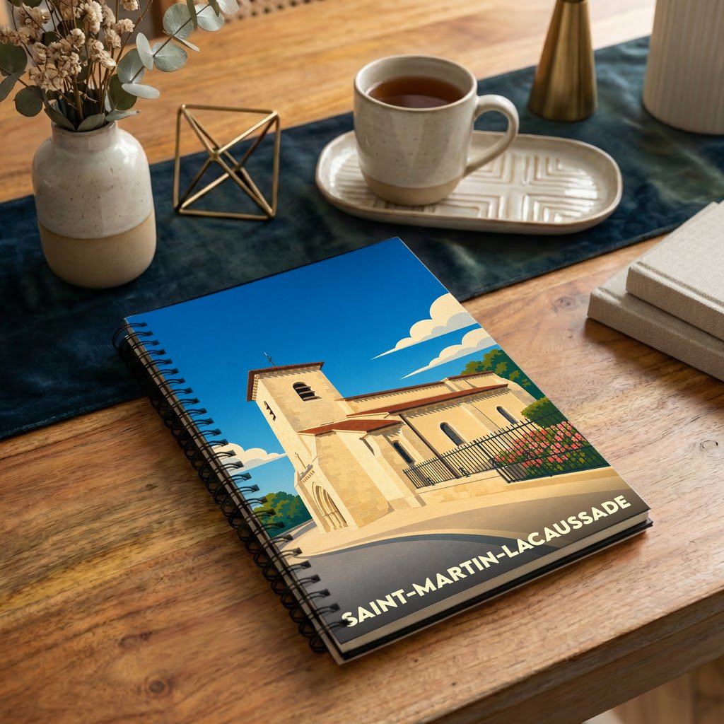 Carnet souvenir de la ville de Saint-Martin-Lacaussade avec une illustration stylisée de son église.