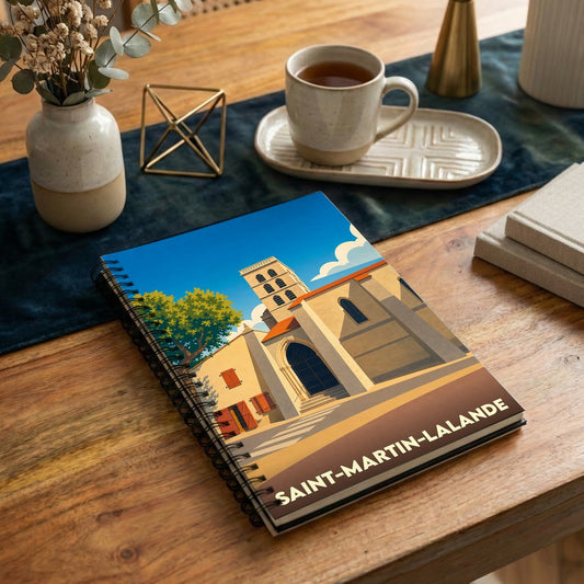Carnet souvenir de la ville de Saint-Martin-Lalande avec une illustration stylisée de son église.