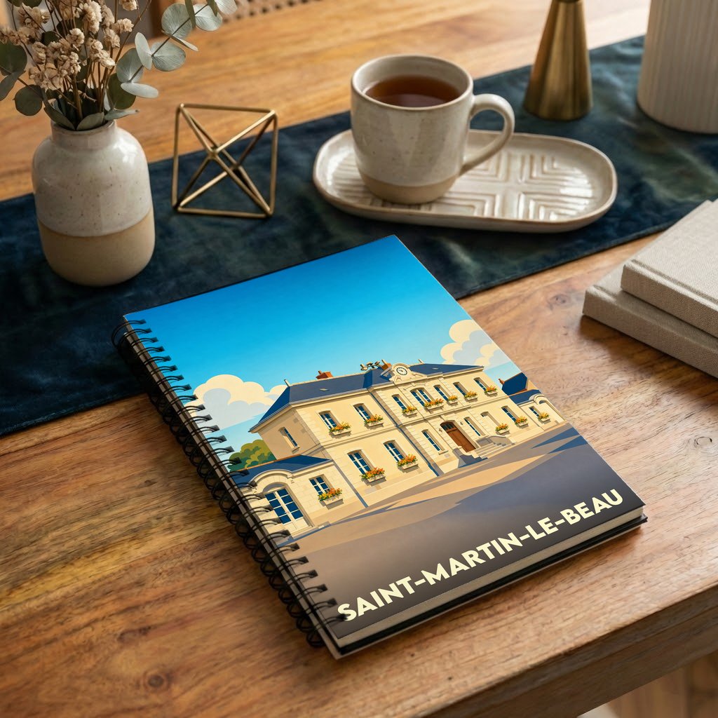 Carnet souvenir de la ville de Saint-Martin-le-Beau avec une illustration stylisée de sa mairie.