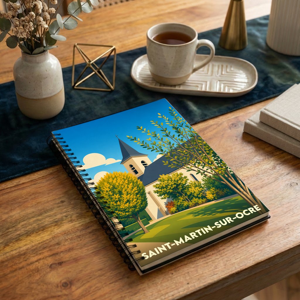 Carnet à spirales souvenir de la ville de Saint-Martin-sur-Ocre avec une illustration stylisée de son église.