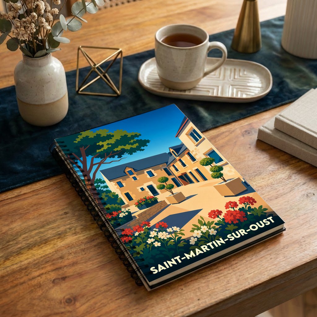 Carnet souvenir de la ville de Saint-Martin-sur-Oust avec une illustration stylisée et colorée.