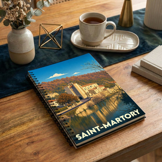 Carnet à spirales souvenir de la ville de Saint-Martory avec une illustration stylisée.