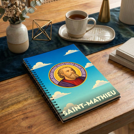 Carnet souvenir de la ville de Saint-Mathieu avec une illustration stylisée.