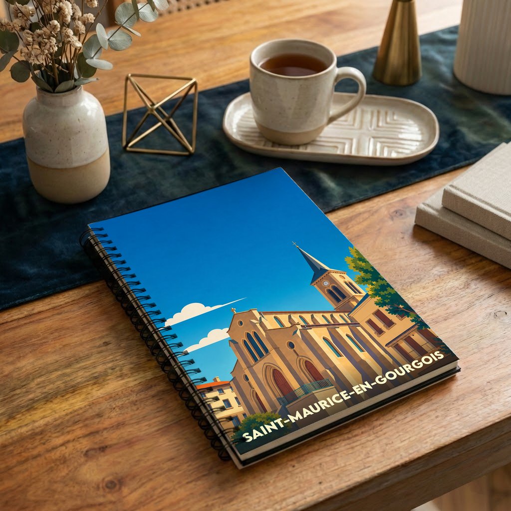 Carnet souvenir de la ville de Saint-Maurice-en-Gourgois avec une illustration stylisée de son église.