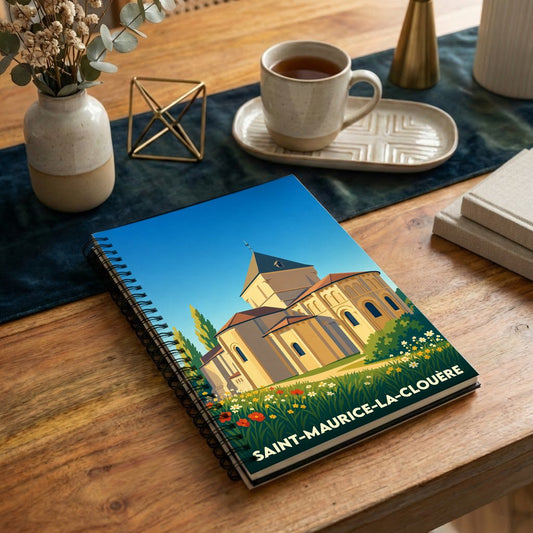 Carnet à spirales souvenir de la ville de Saint-Maurice-la-Clouère avec une illustration stylisée de son église romane.