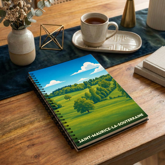 Carnet à spirales souvenir de la ville de Saint-Maurice-la-Souterraine avec une illustration stylisée de paysages vallonnés.