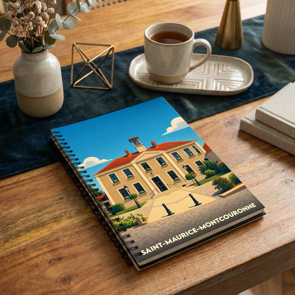 Carnet souvenir de la ville de Saint-Maurice-Montcouronne avec une illustration stylisée de sa mairie.