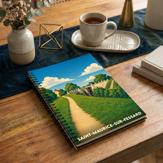 Carnet à spirale souvenir de la ville de Saint-Maurice-sur-Fessard avec une illustration stylisée de paysage champêtre.