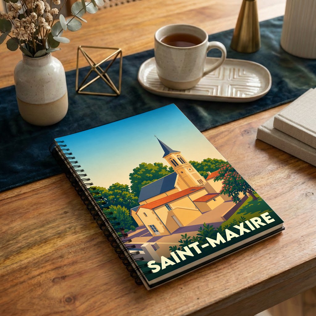 Carnet de notes souvenir de la ville de Saint-Maxire avec une illustration stylisée de son église.