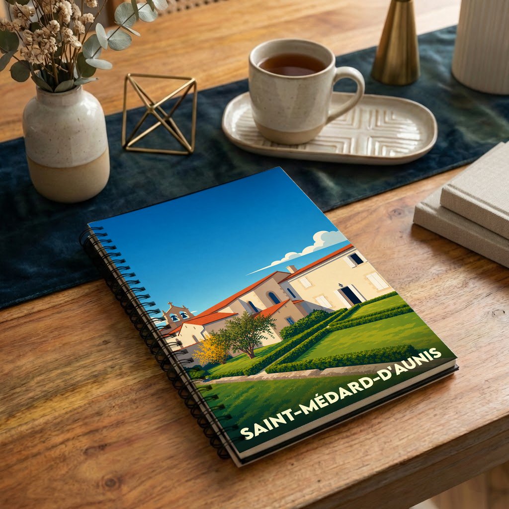 Carnet souvenir de la ville de Saint-Médard-d'Aunis avec une illustration stylisée.
