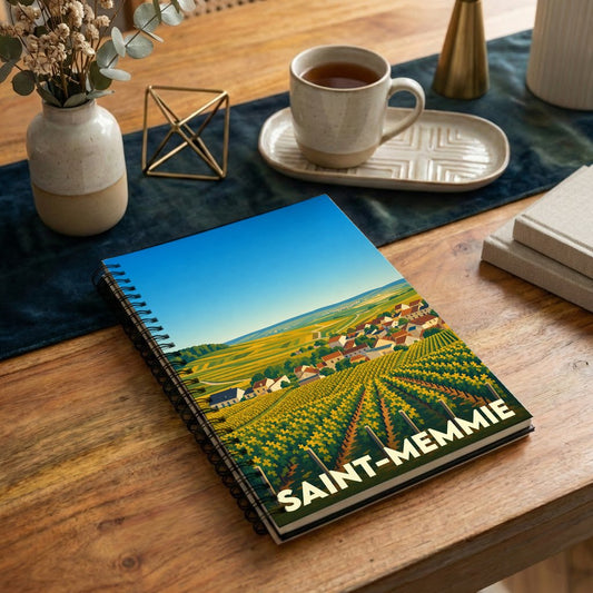 Carnet souvenir de la ville de Saint-Memmie avec une illustration stylisée de vignobles et d'un village.