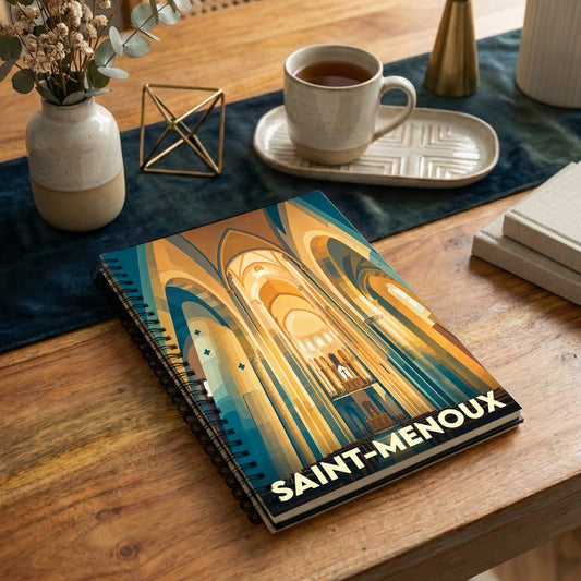 Carnet à spirales souvenir de la ville de Saint-Menoux avec une illustration stylisée de l'intérieur d'une église.
