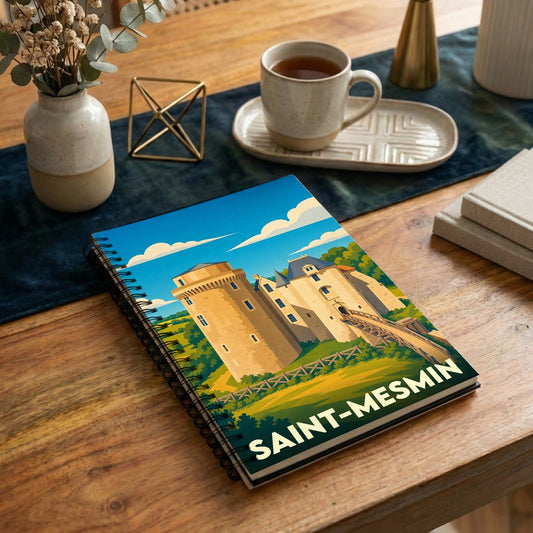 Carnet souvenir de la ville de Saint-Mesmin avec une illustration stylisée de son château.