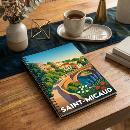 Carnet souvenir de la ville de Saint-Micaud avec une illustration stylisée et colorée d'un paysage urbain.