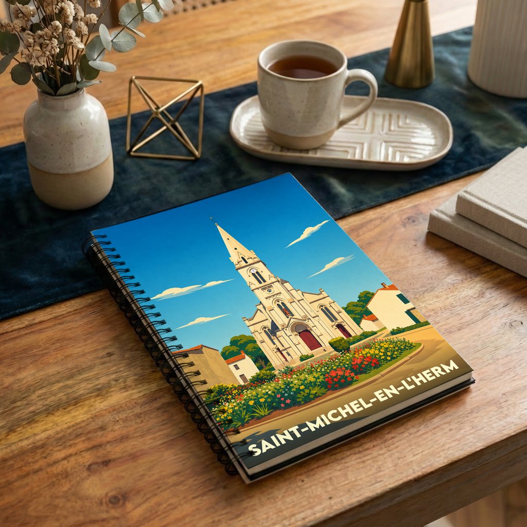 Carnet souvenir de Saint-Michel-en-l'Herm avec une illustration stylisée de son église et de jardins fleuris.