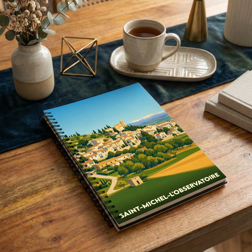 Carnet souvenir de la ville de Saint-Michel-l'Observatoire avec une illustration stylisée d'un village provençal.
