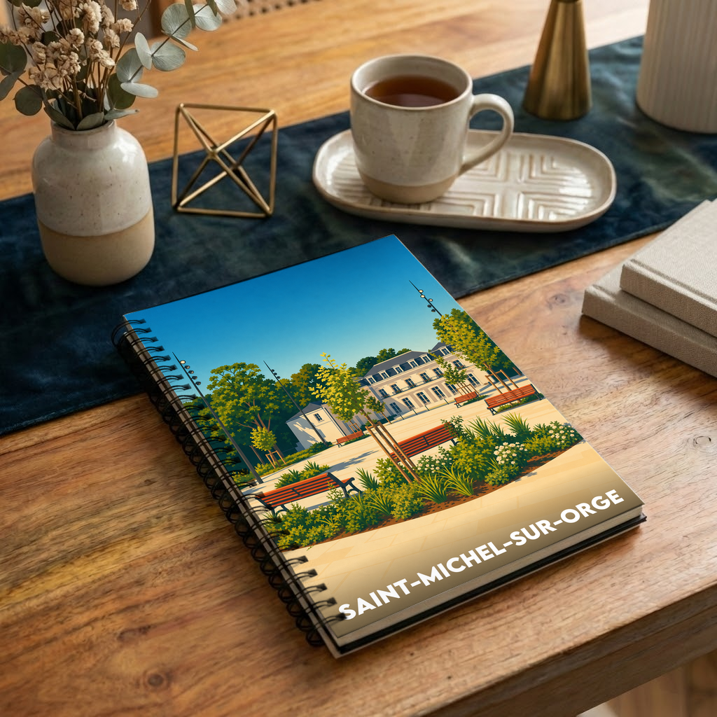 Carnet souvenir de la ville de Saint-Michel-sur-Orge avec une illustration stylisée d'un parc.