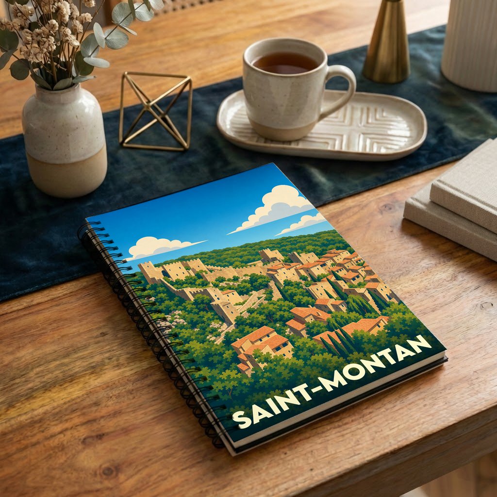 Carnet à spirales souvenir de la ville de Saint-Montan avec une illustration stylisée du village médiéval.