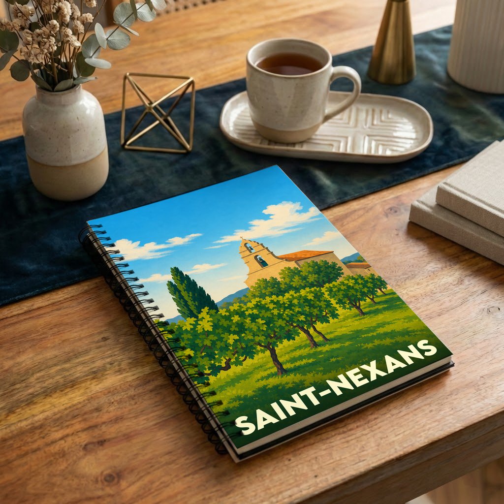 Carnet à spirales souvenir de la ville de Saint-Nexans avec une illustration stylisée de son paysage et de son église.