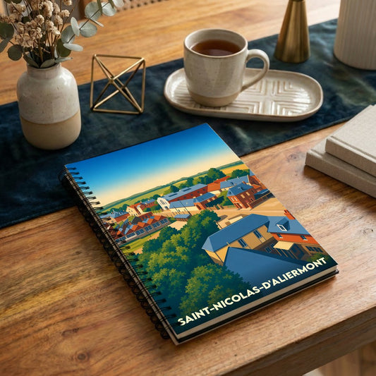 Carnet à spirales souvenir de Saint-Nicolas-d'Aliermont avec une illustration stylisée de la ville.