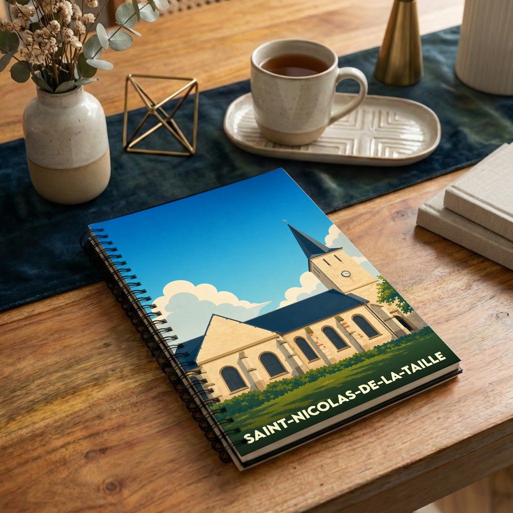 Carnet souvenir de la ville de Saint-Nicolas-de-la-Taille avec une illustration stylisée de son église.