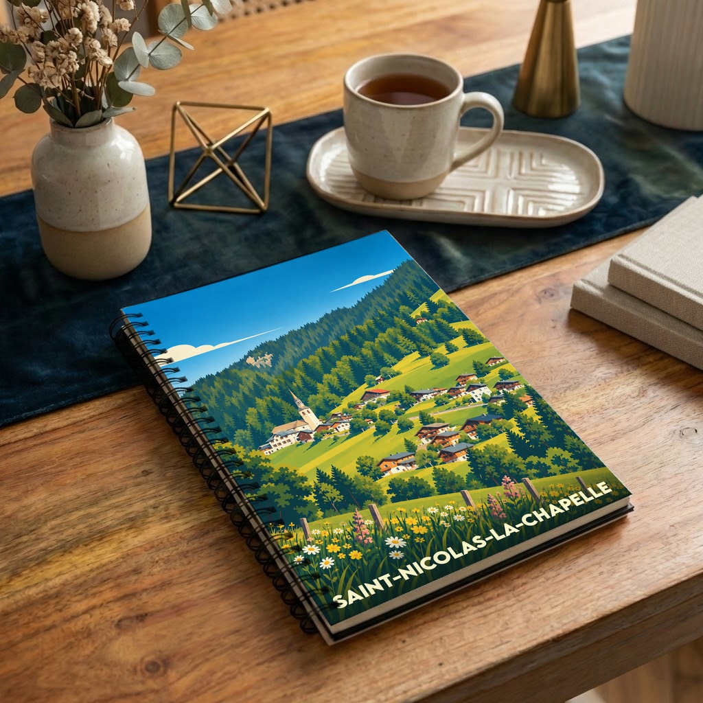 Carnet souvenir de la ville de Saint-Nicolas-la-Chapelle avec une illustration stylisée de son village alpin.
