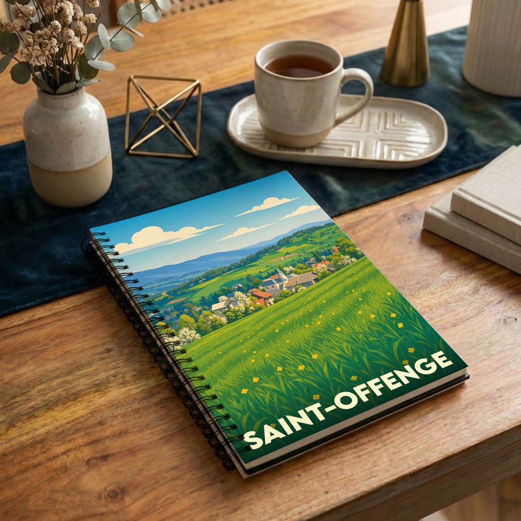 Carnet à spirales souvenir de la ville de Saint-Offenge illustré d'un paysage de campagne verdoyant.