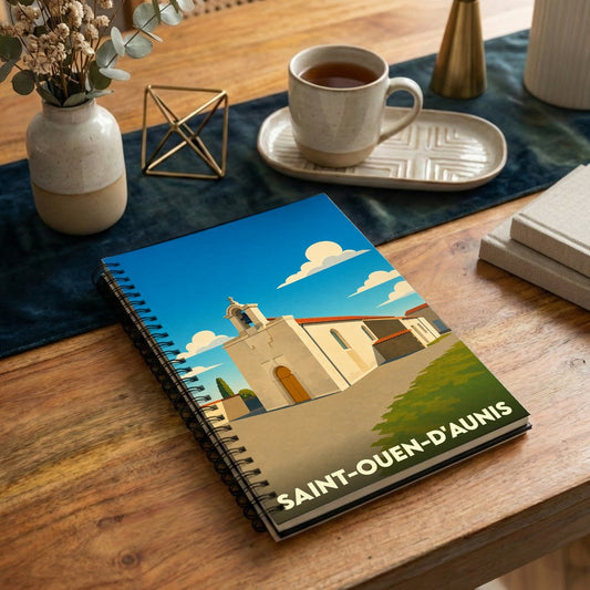 Carnet souvenir de la ville de Saint-Ouen-d'Aunis avec une illustration stylisée de son église.