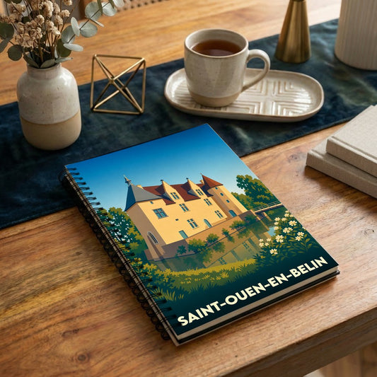 Carnet de notes souvenir de la ville de Saint-Ouen-en-Belin avec une illustration stylisée de son château.