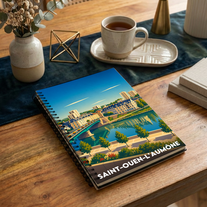 Carnet à spirales souvenir de la ville de Saint-Ouen-l'Aumône avec une illustration stylisée des bords de l'Oise.