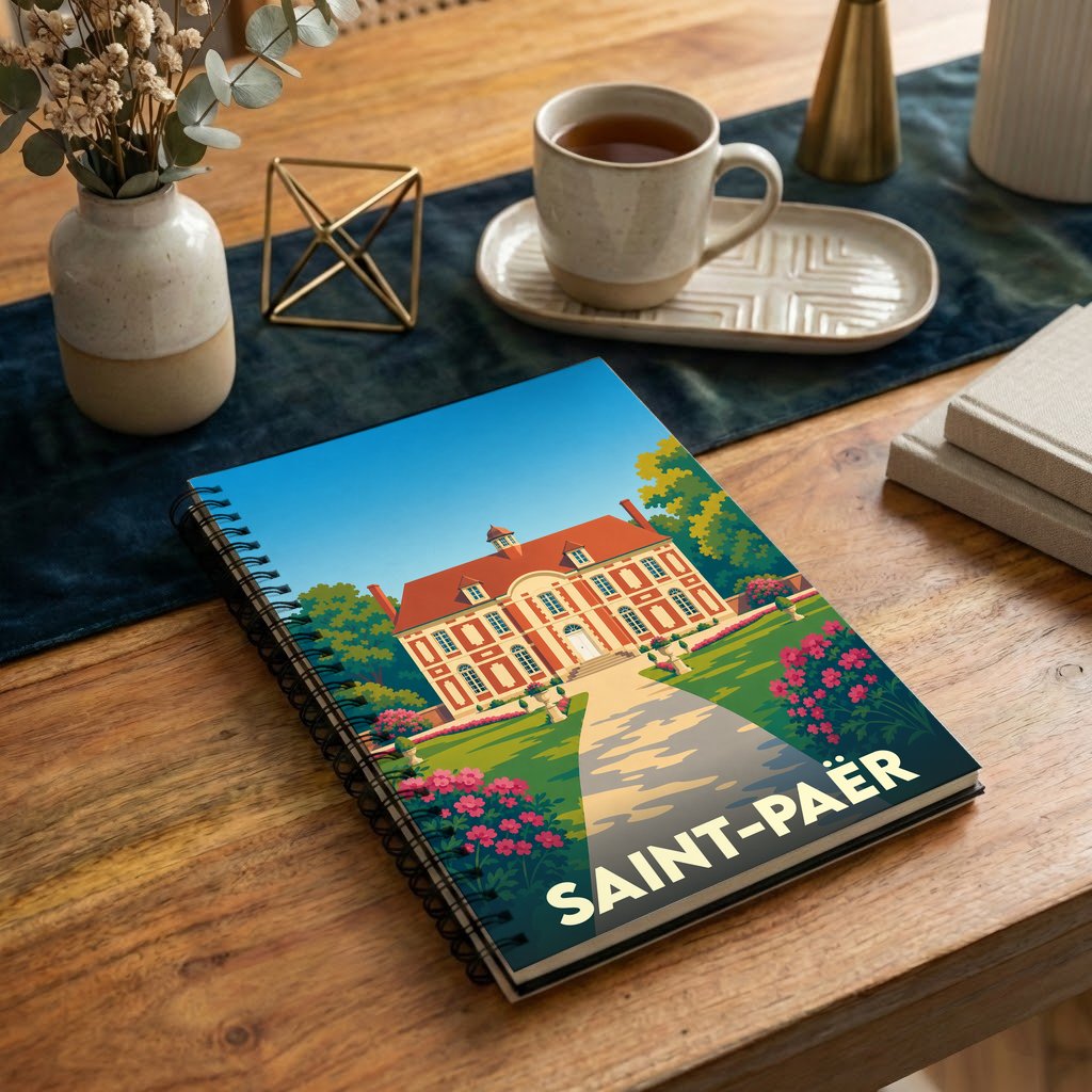 Carnet souvenir de la ville de Saint-Paër avec une illustration stylisée d'un manoir et de ses jardins.