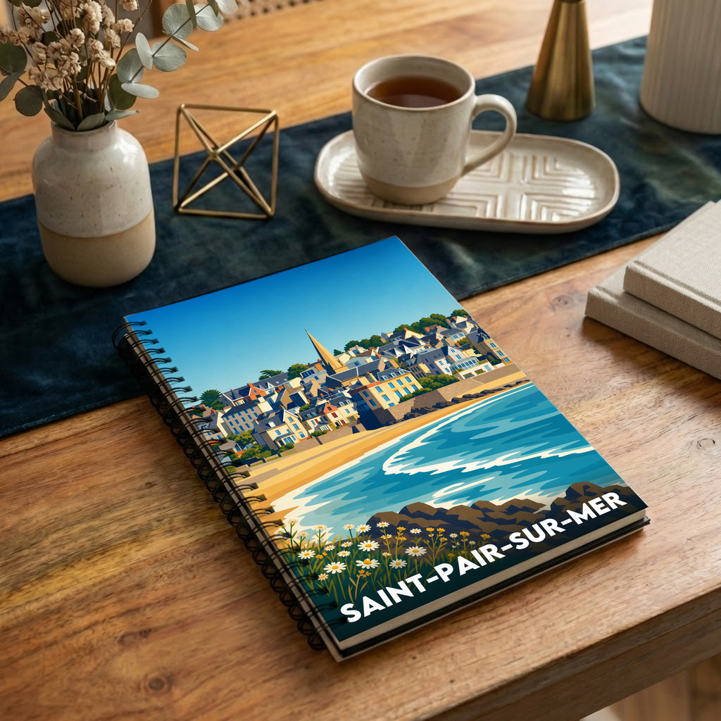 Carnet souvenir de la ville de Saint-Pair-sur-Mer avec une illustration stylisée de son littoral.