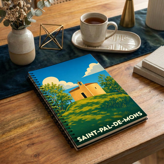 Carnet à spirales souvenir de Saint-Pal-de-Mons avec une illustration stylisée d'une chapelle sur une colline.