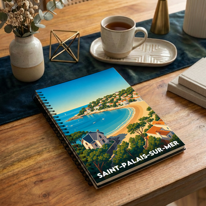 Carnet de notes souvenir de Saint-Palais-sur-Mer avec une illustration de paysage côtier stylisé.