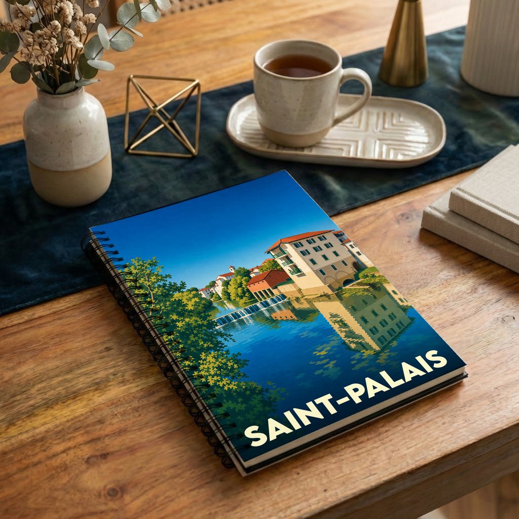 Carnet à spirales souvenir de la ville de Saint-Palais avec une illustration stylisée des bords de la Bidouze.
