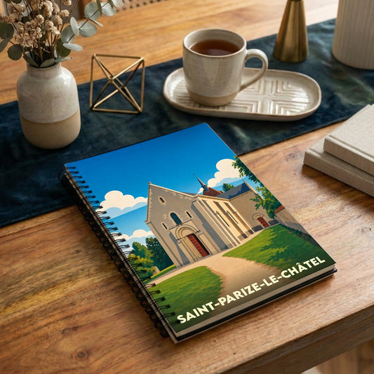 Carnet à spirales souvenir de Saint-Parize-le-Châtel avec une illustration stylisée de son église.