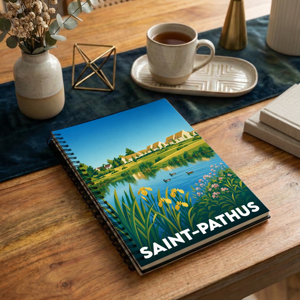 Carnet souvenir de la ville de Saint-Pathus avec une illustration stylisée d'un paysage lacustre.