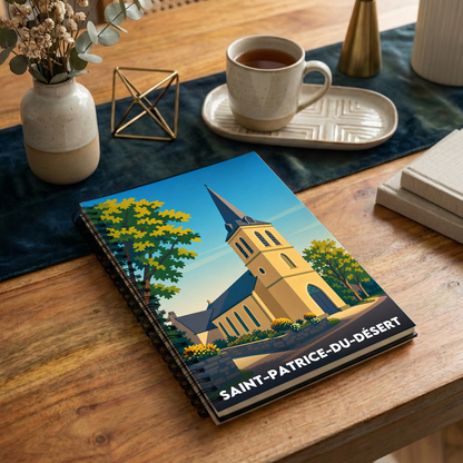 Carnet souvenir de la ville de Saint-Patrice-du-Désert avec une illustration stylisée de son église.